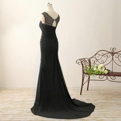 Mermaid Pleated Chiffon Beads Laced Up Back Sweep Train Evening Prom ...