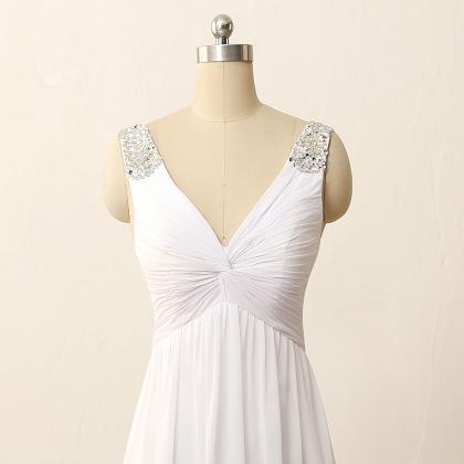 V-neck Criss-Cross Straps Ruched Chiffon Floor-length Dresses Silver
