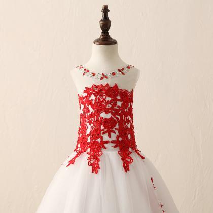 Crystal Beads O Neck White And Red Satin Tulle..