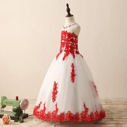 Crystal Beads O Neck White And Red Satin Tulle..