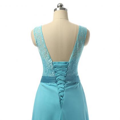 Chiffon Lace Round Neck Floor Length Laced Up Back..