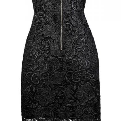 Strapless Bodycon Black Lace Dress With Sweetheart..