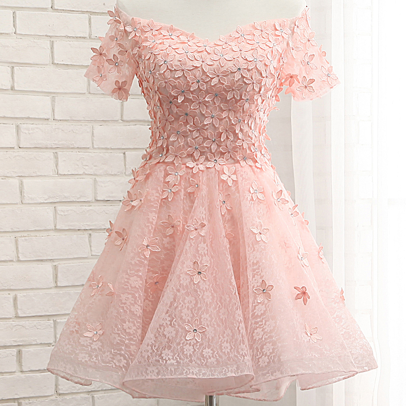 Boat Neck Flowers Cap Sleeves Knee Length Laced Up Back Pink Homecoming Dresses