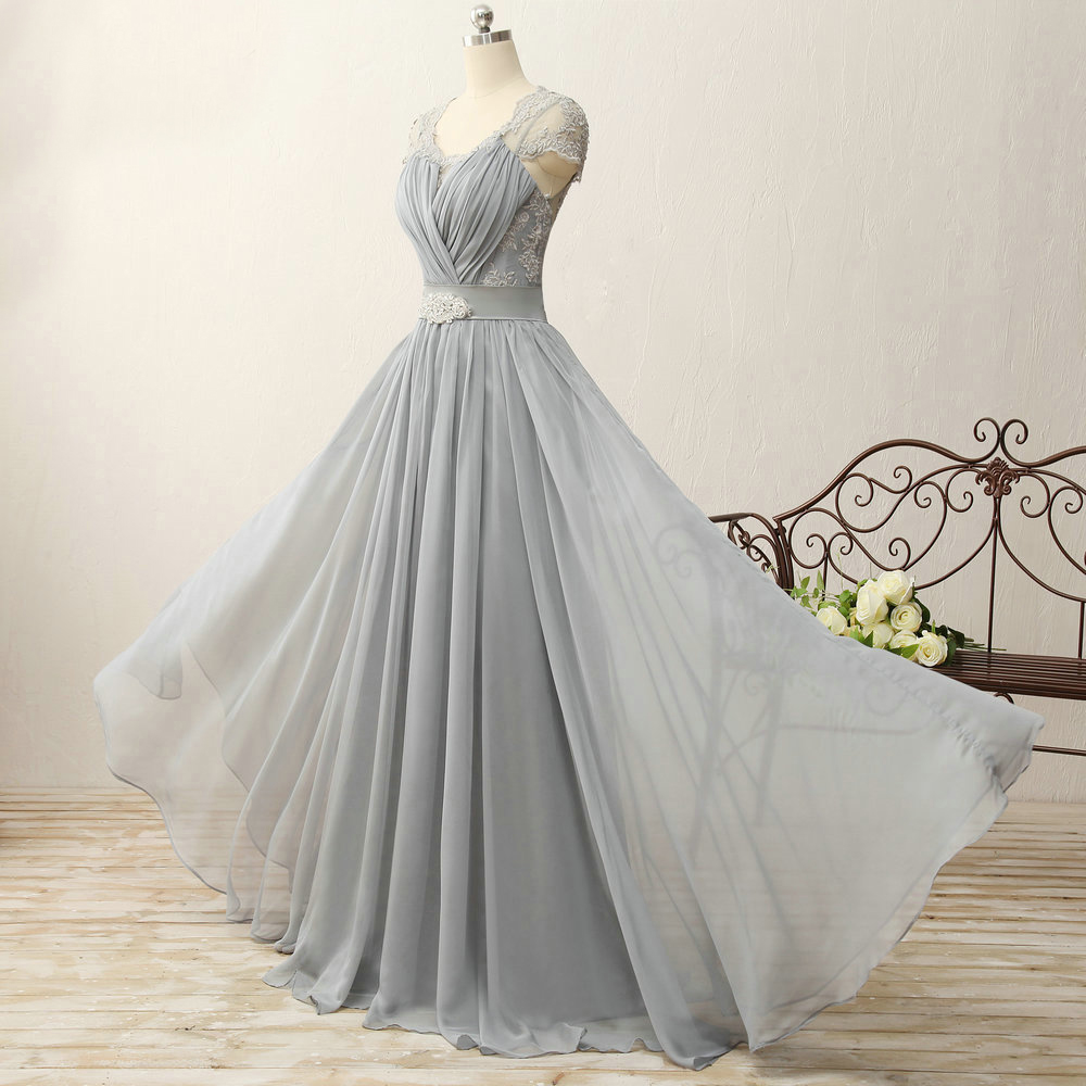 Lace Appliques Cap Sleeves Long Chiffon Prom Dress With Ruched Bodice ...