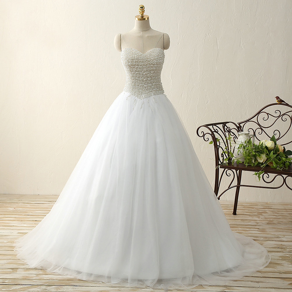 Sweetheart Pearls Satin Tulle Ball Gown Sweep Train Wedding Bridal Dress