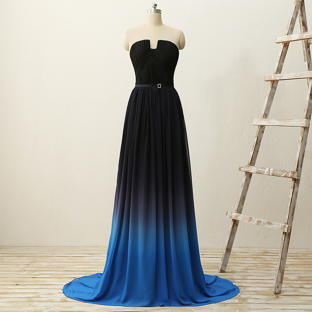 Strapless Black And Blue Gradient Chiffon Pleat Side Zipper Maxi Dress