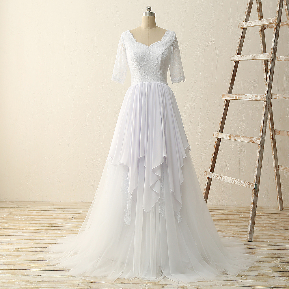 Half Sleeve Lace Cover Satin Up Chiffon And Tulle Skirt Zipper Back Sweep Tulle Train Bridal Dress