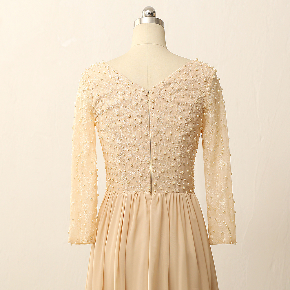 V-Neck Floor-Length Chiffon Lace Dress Cinnamon Rose