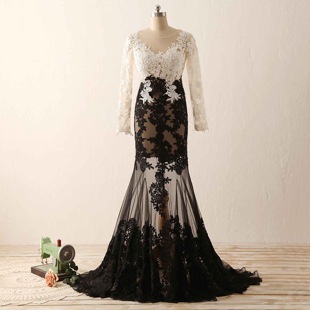 18387 Black Transparent Back Lace Mermaid Dress