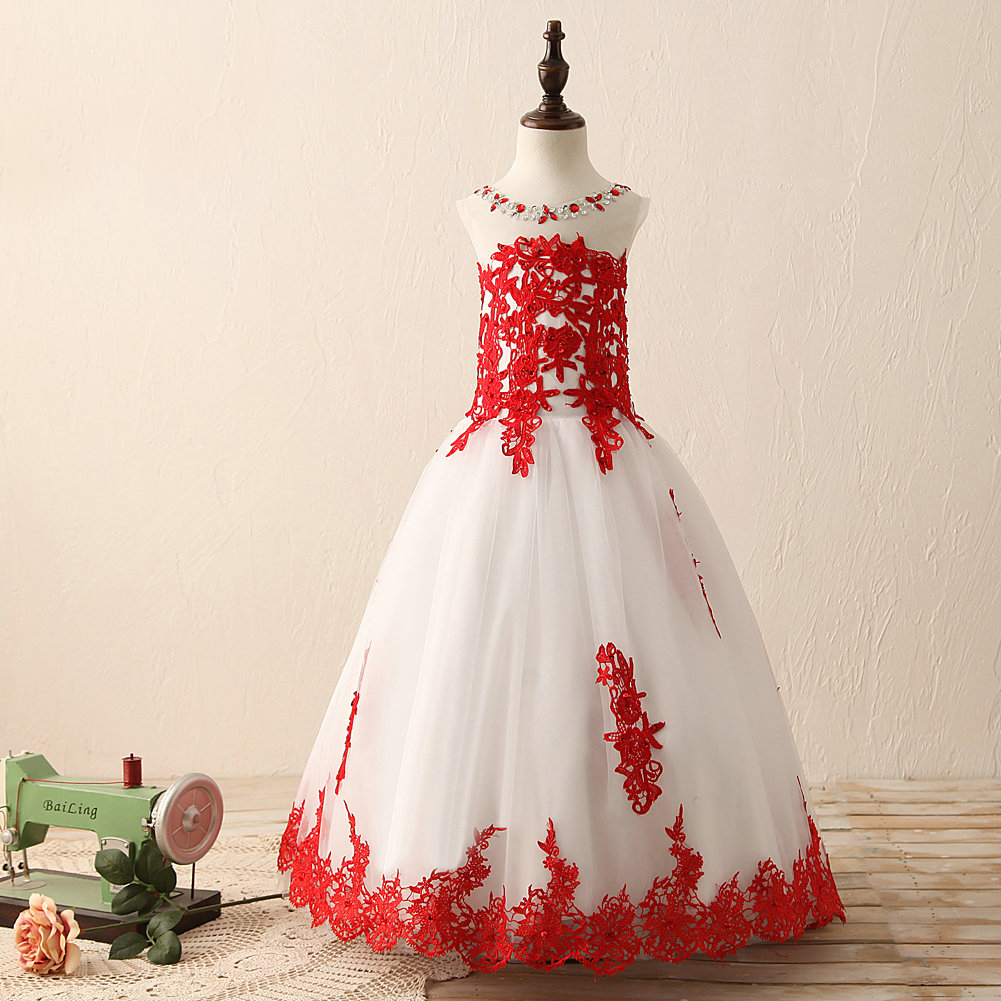 Crystal Beads O Neck White And Red Satin Tulle Appliques Beads Flower Girl Dress