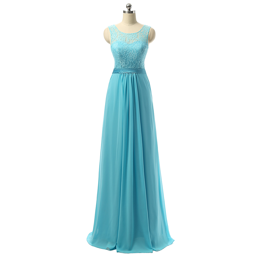 Chiffon Lace Round Neck Floor Length Laced Up Back Long Bridesmaid Dresses