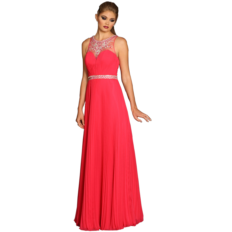 Pleat Chiffon Round Neck Crystal Beads Waist Transparent Back Floor ...