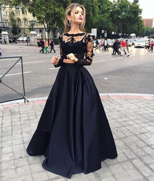 2 Sets Long Sleeves Lace With Satin Gown Skirt Maxi Dress