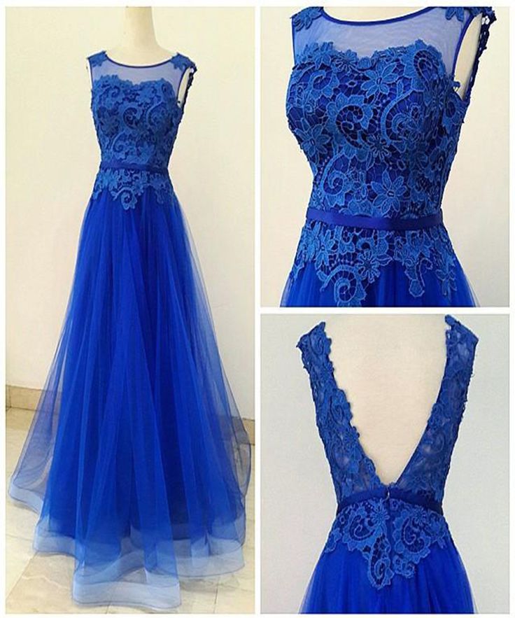 A Line V Neck Back Lace Tulle Royal Blue Floor Length Evening Dress