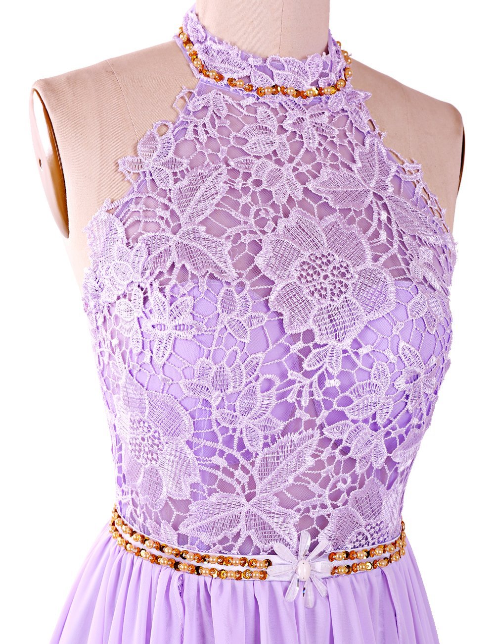 Gorgeous Lilac Chiffon Beaded Prom Dress Sheath Halter Neck Ruffled Evening Gown DP7113