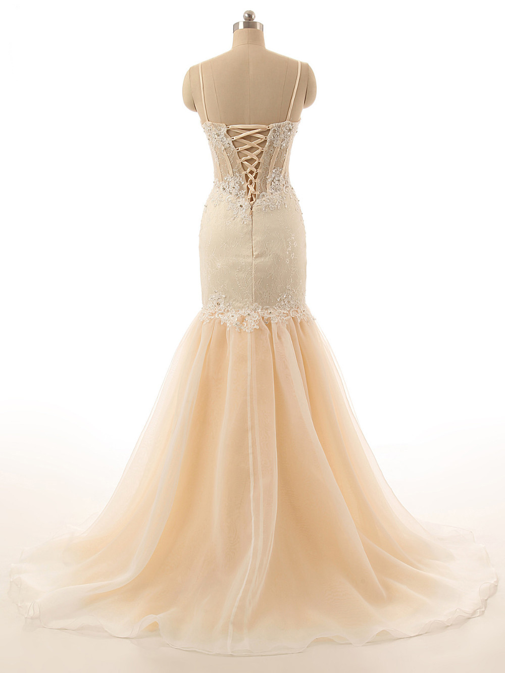 Mermaid Spaghetti Strap Mint Lace Applique Champagne Prom Dress With Train main image 1