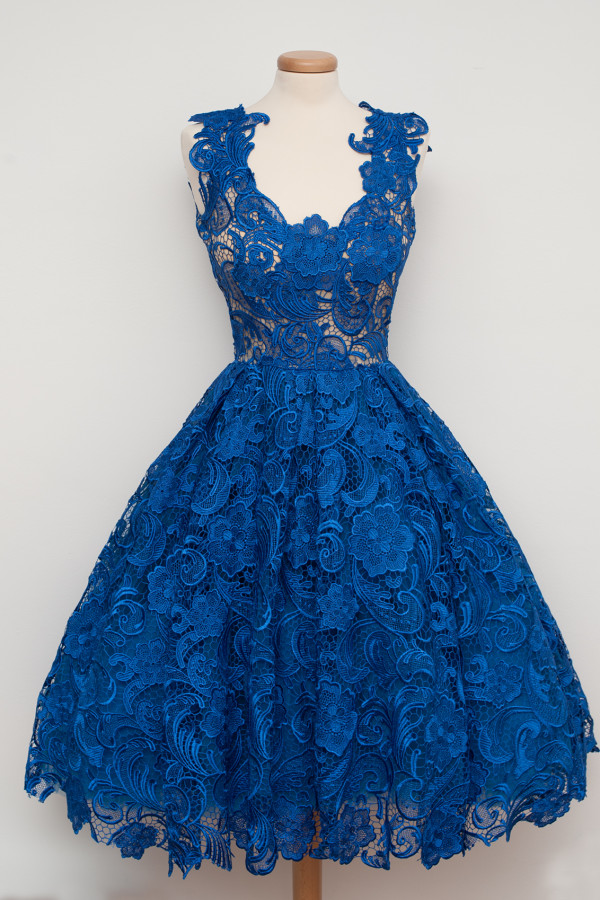 Elegant Blue Lace V Neck A Line Sleeveless Short Evening Dresses