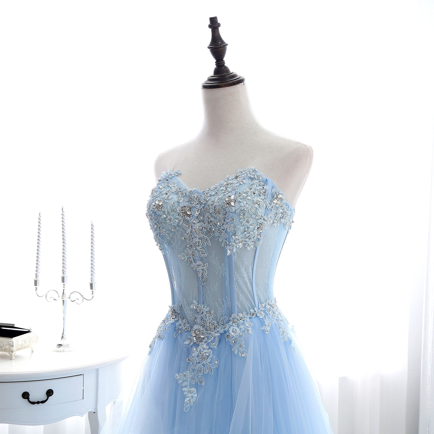 Sky Blue Appliques Tulle Crystals Prom Gownssweetheart Neck A Line Long Evening Dressformal 5886