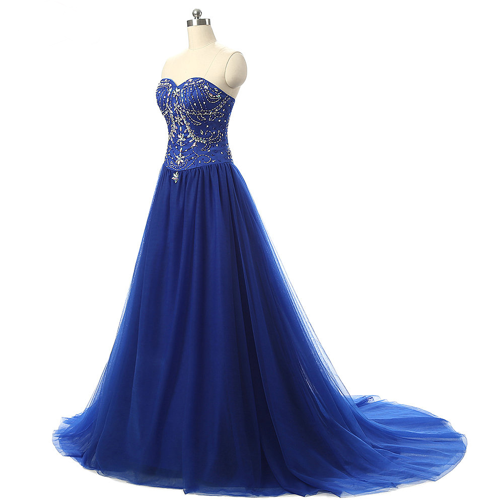 A-line Square Floor length Tulle Prom Dresses Blue