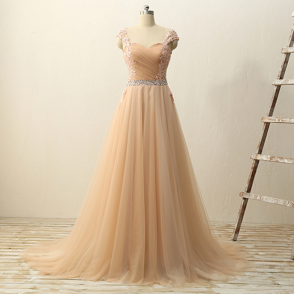 Cap Sleeves Sweetheart Pleat Tulle Satin Appliques Beading Waist Sweep ...