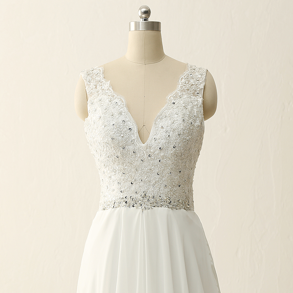 Double V Neck Lace Chiffon Beading Waist See Through Back Bridal Dress ...