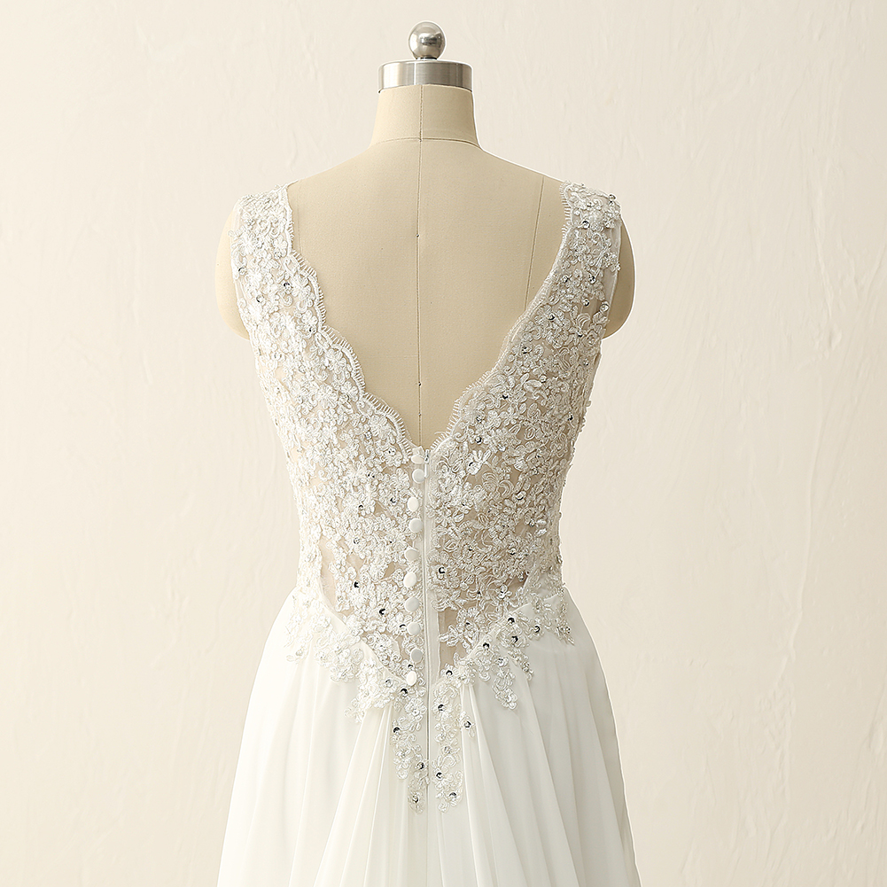Double V Neck Lace Chiffon Beading Waist See Through Back Bridal Dress ...