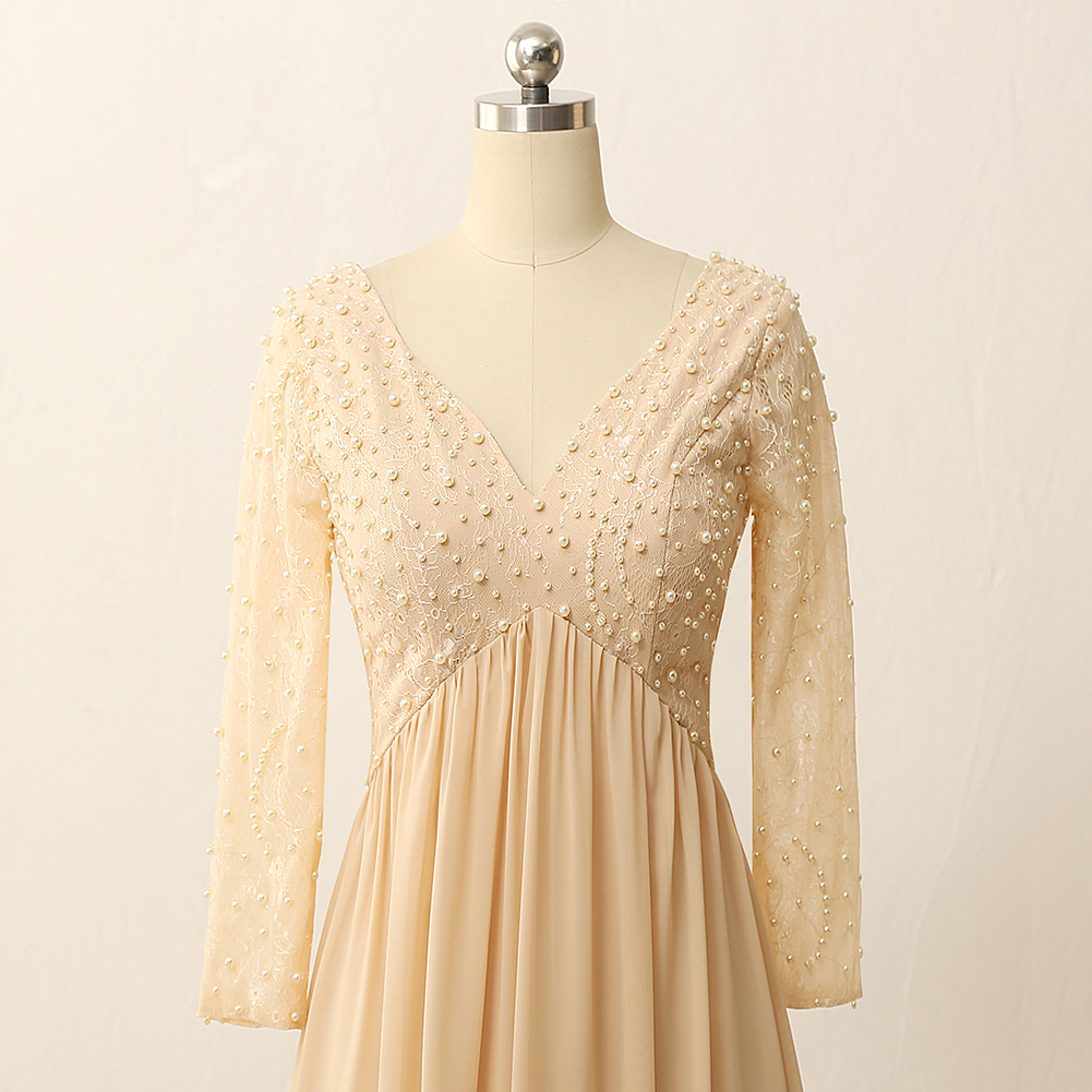 Long Sleeves Chiffon With Lace Pearls On V Neck Floor Length Zipper
