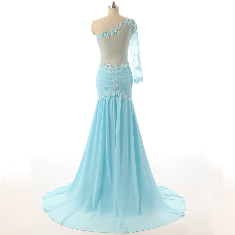 Long Lace Sleeves One Shoulder Sheer Back Floor Length With Train ...